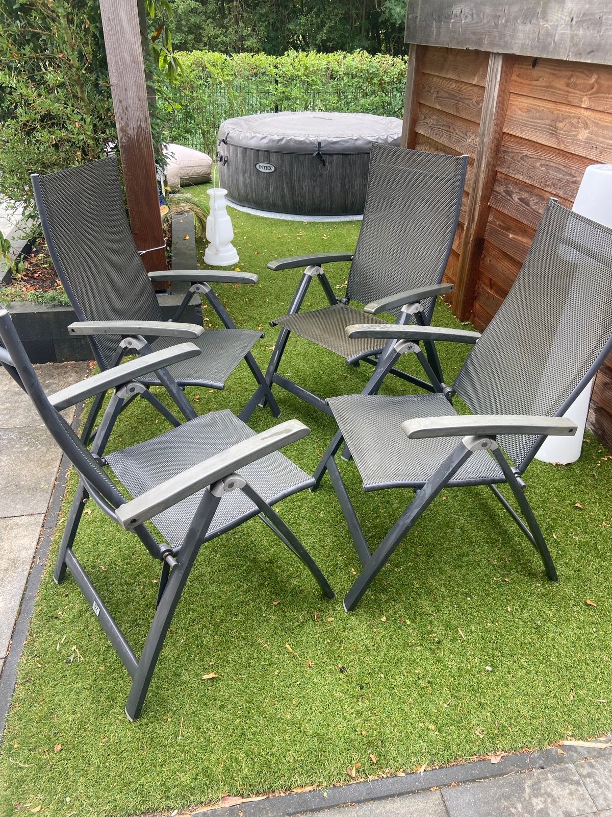 4 tuinstoelen met kussens - B7 Club Collection, Tuin en Terras, Ophalen, Gebruikt, Metaal, Inklapbaar