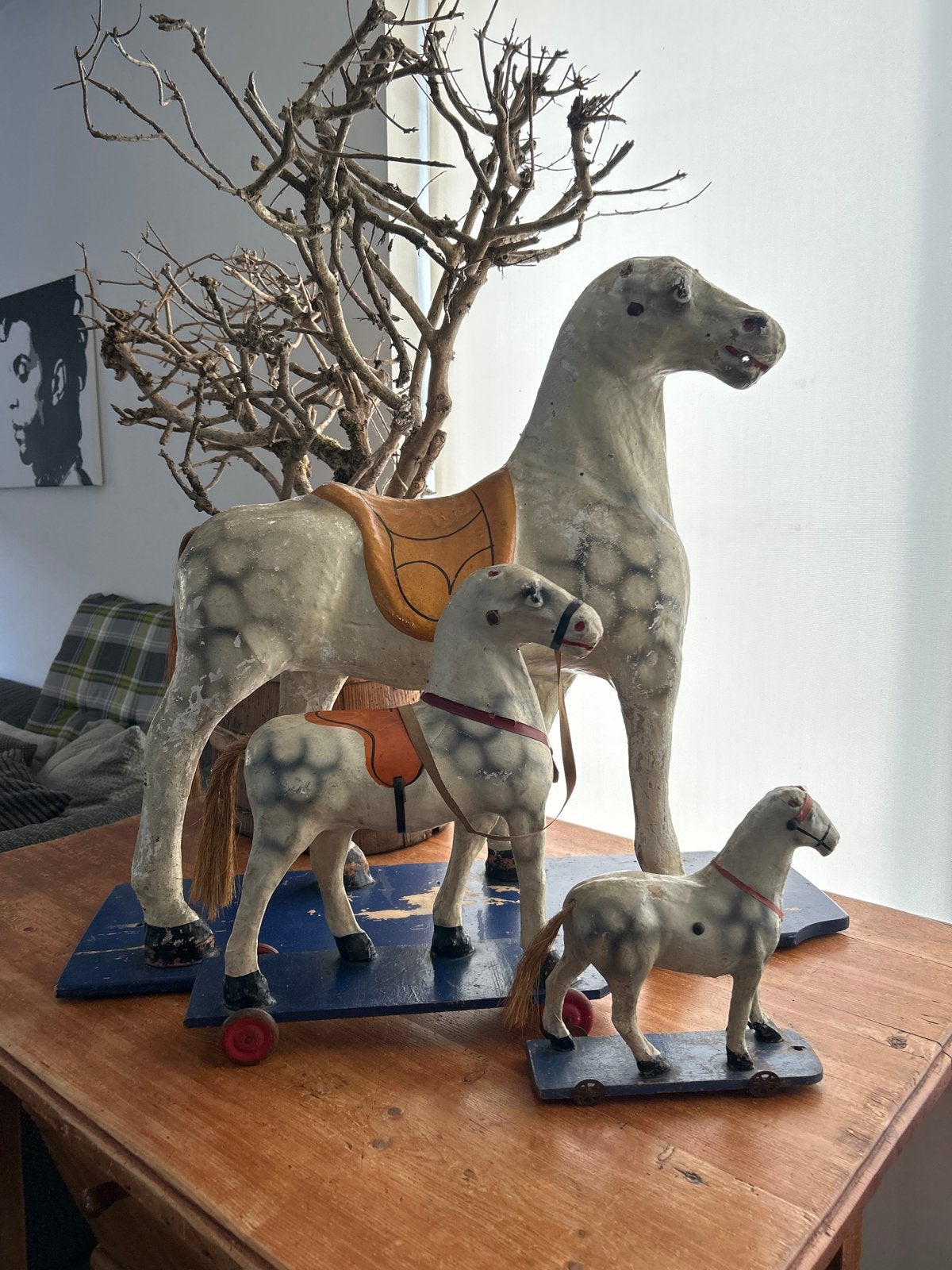 Set van 3 Antieke Papieren Mache Paarden Speelgoed, Ophalen