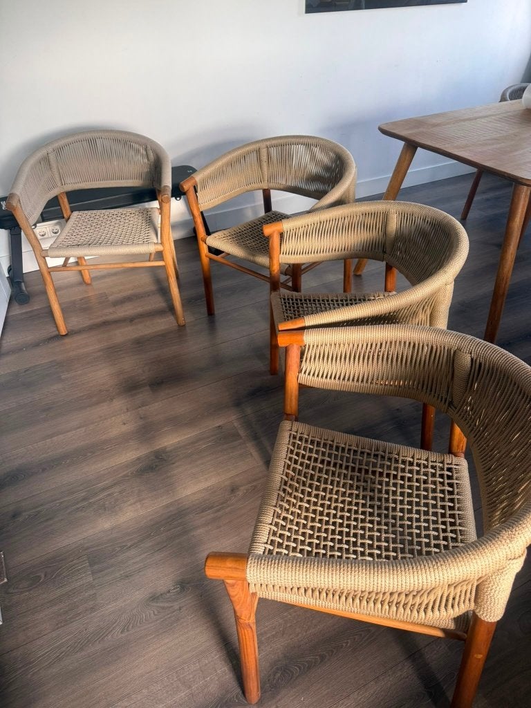 4x eetkamerstoel massief hout + gevlochten touw - 78x67x47, Ophalen, Bruin, Zo goed als nieuw, Vier