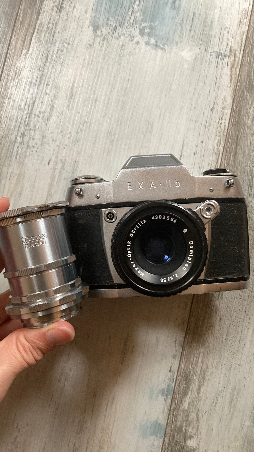 Vintage Exa IIb + Meyer-Optik Domiplan + tussenringen en tas, Ophalen of Verzenden, Gebruikt, Spiegelreflex, Overige Merken