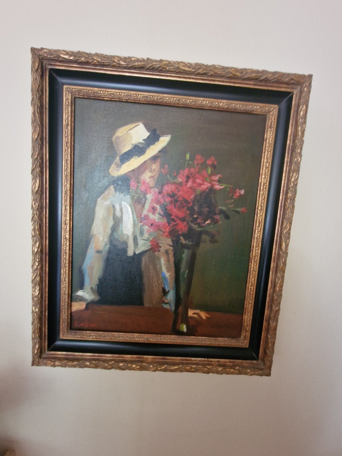 Prachtig Schilderij: Vrouw met Hoed en Rode Bloemen, Ophalen of Verzenden, Klassiek, Portret of Personen