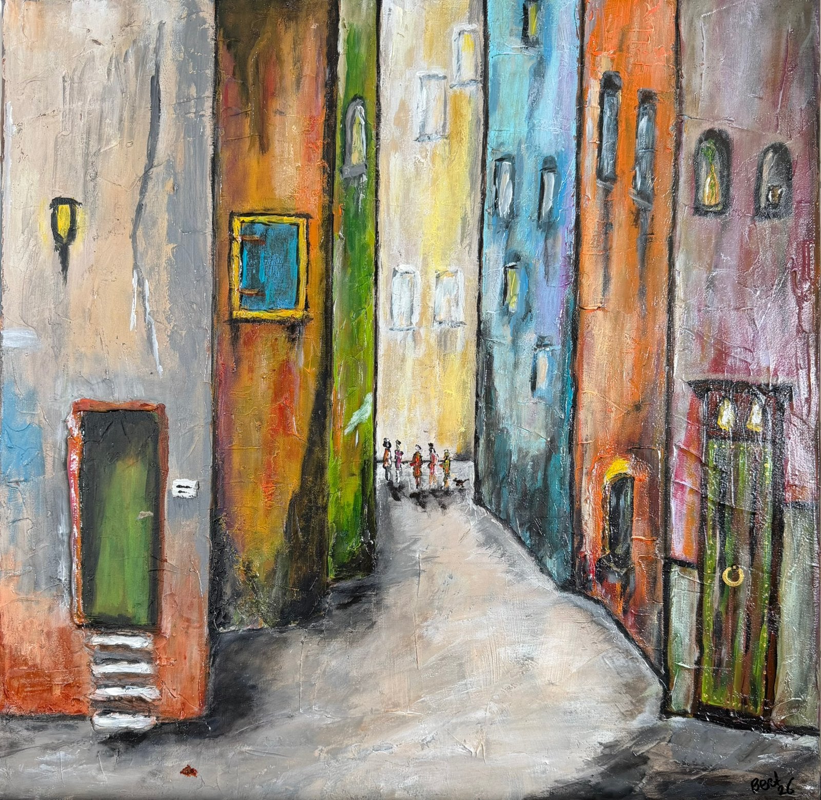 Stadsgezicht/straatje, Ophalen of Verzenden, Met textuur, Acrylverf, Stadsgezicht