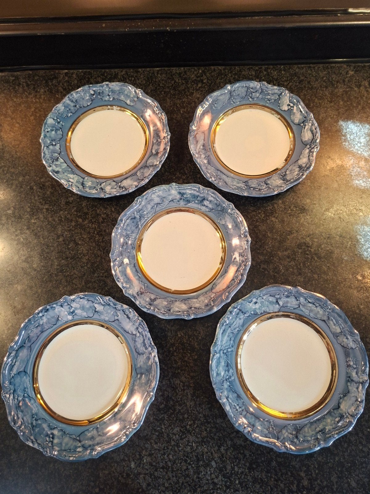 5 vintage Wałbrzych gebaksbordjes 17 cm – blauw/goud, Ophalen of Verzenden