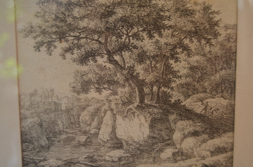 Ets Landschap, dorpje, mannetje met ezel., Ingelijst, Ets, 23 cm, Ophalen of Verzenden