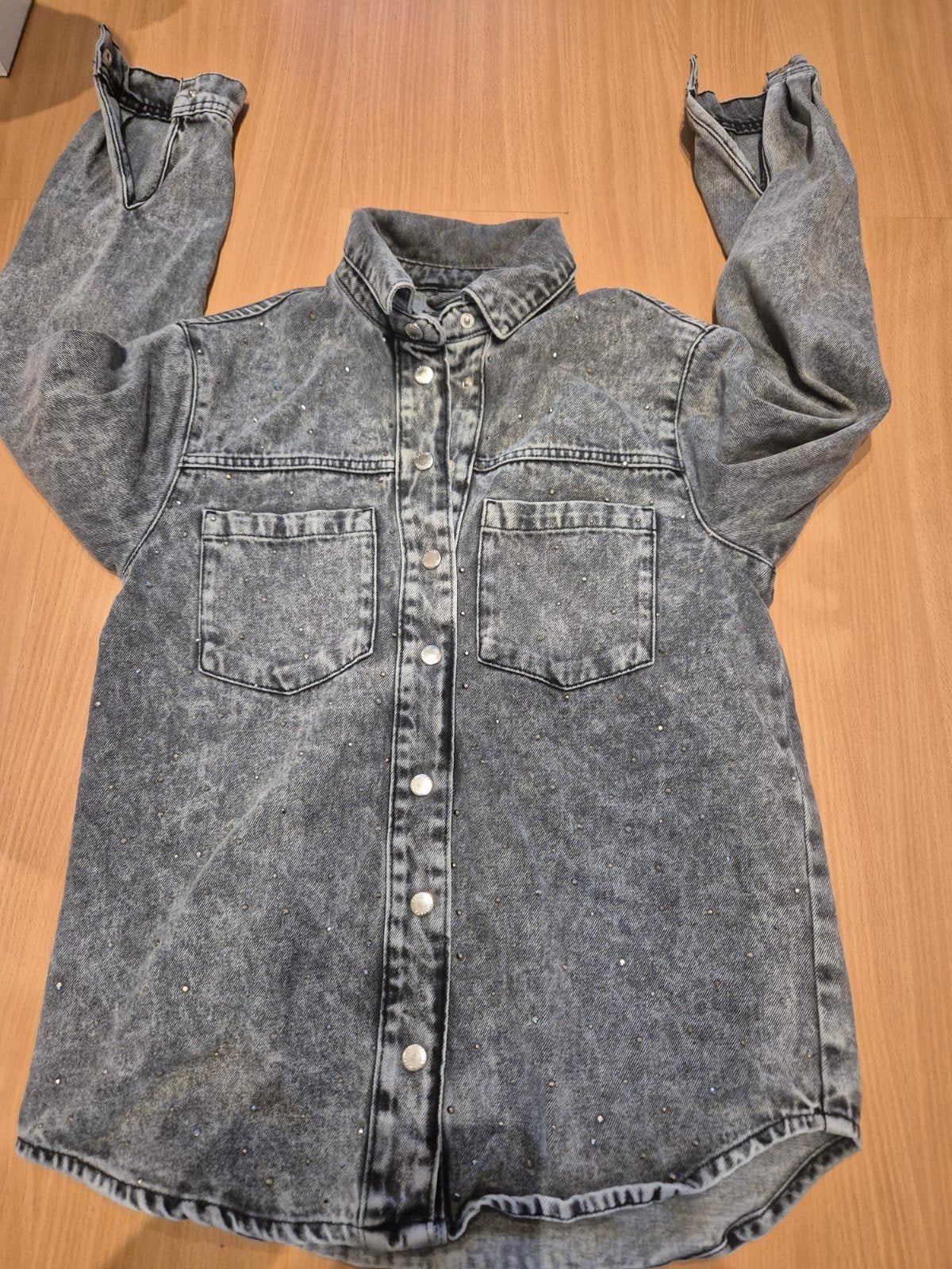 Grijze Acid Wash Denim Blouse met Strass (XS), Ophalen of Verzenden