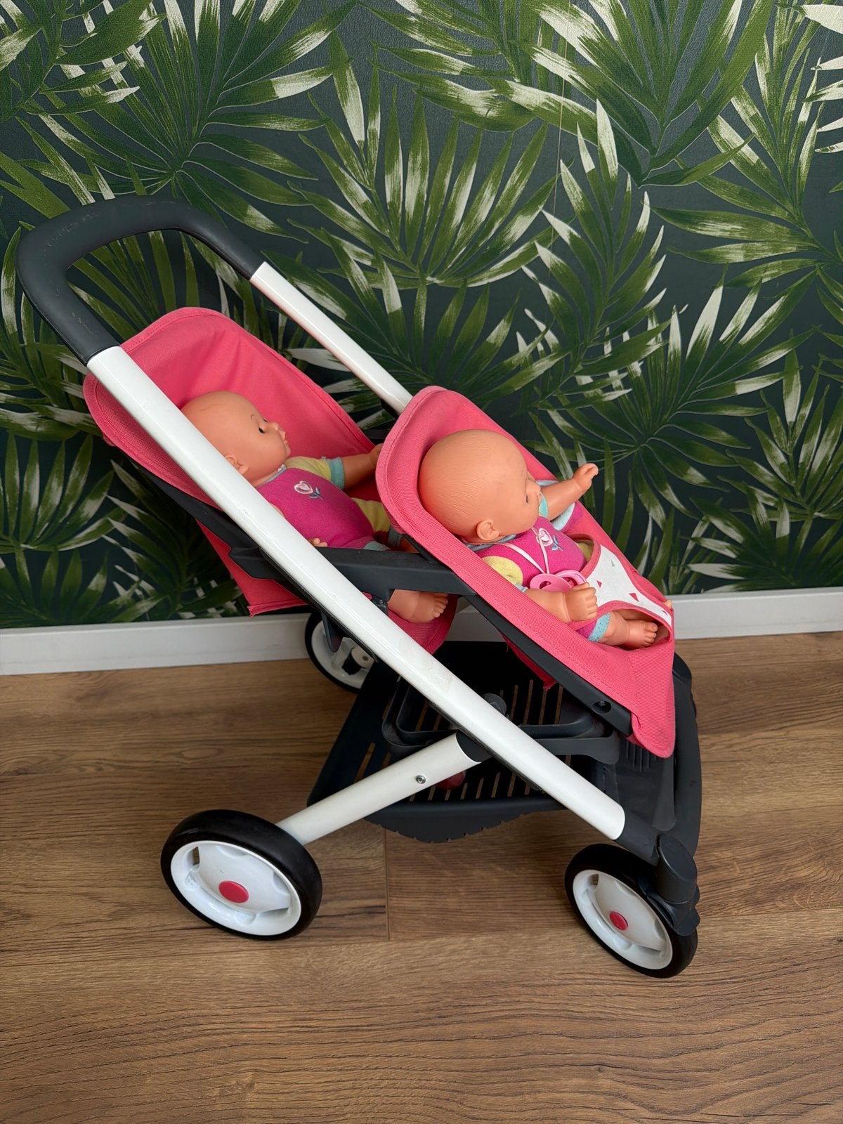 Smoby Poppenwagen tweeling roze met twee babypoppen, Ophalen, Gebruikt, Babypop