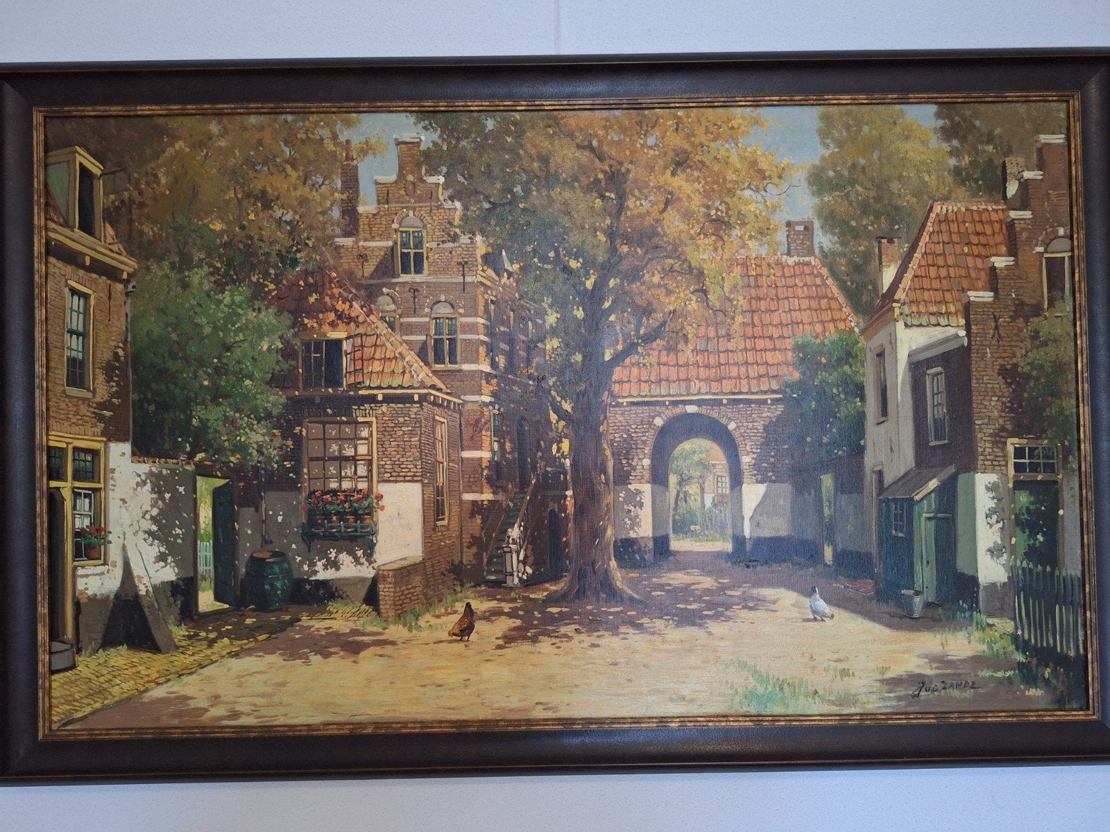 Sfeervol dorpsgezicht met poort en kippen, olieverf, Antiek en Kunst, Ophalen, Doek, Realistisch, Stads- / dorpsgezicht