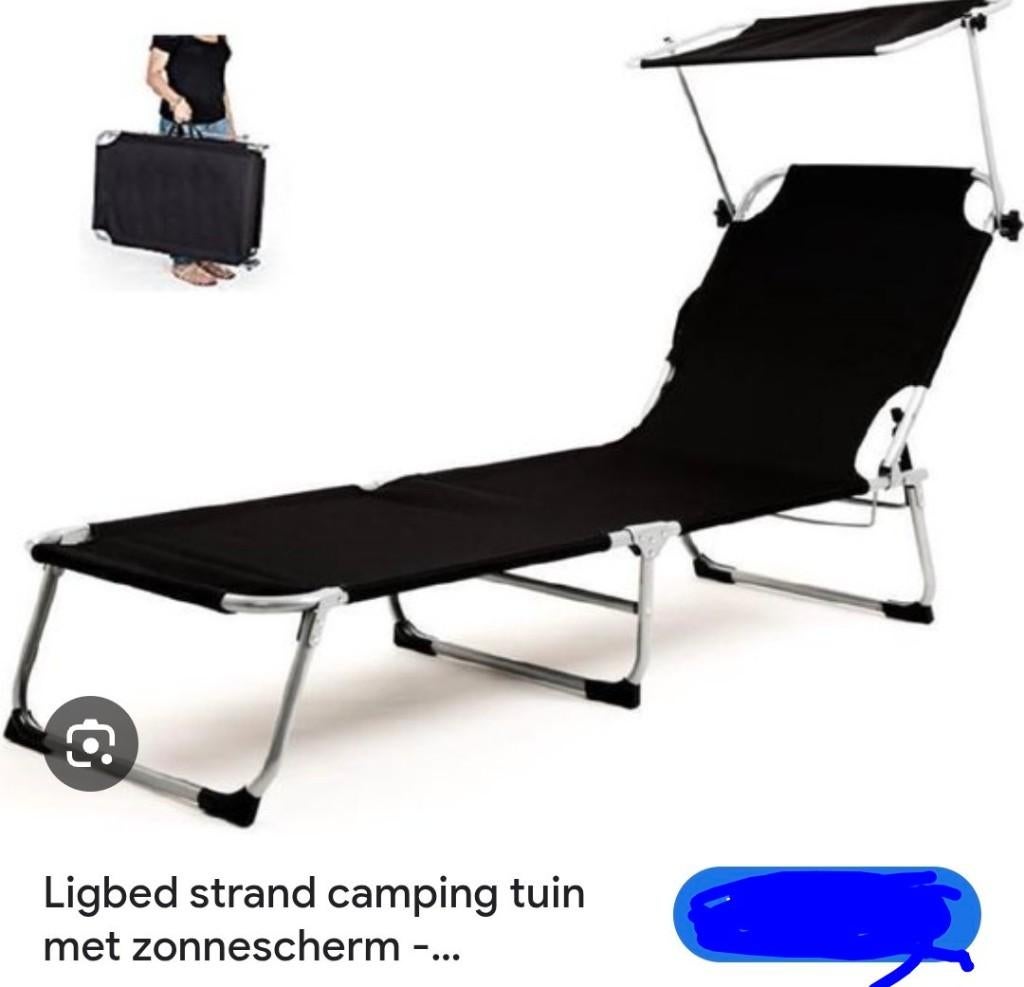 Ligbed strand, camping, tuin met zonnescherm, Tuin en Terras, Ophalen, Zo goed als nieuw, Aluminium, Inklapbaar