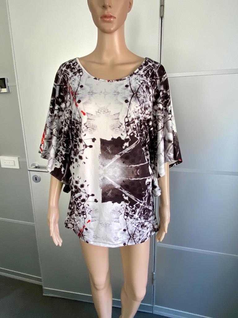J434 Les Amies mt. 42=L lang top shirt blouse wit/rood/zwart, Kleding | Dames, Wit, Maat 42/44 (L), Ophalen of Verzenden, Zo goed als nieuw