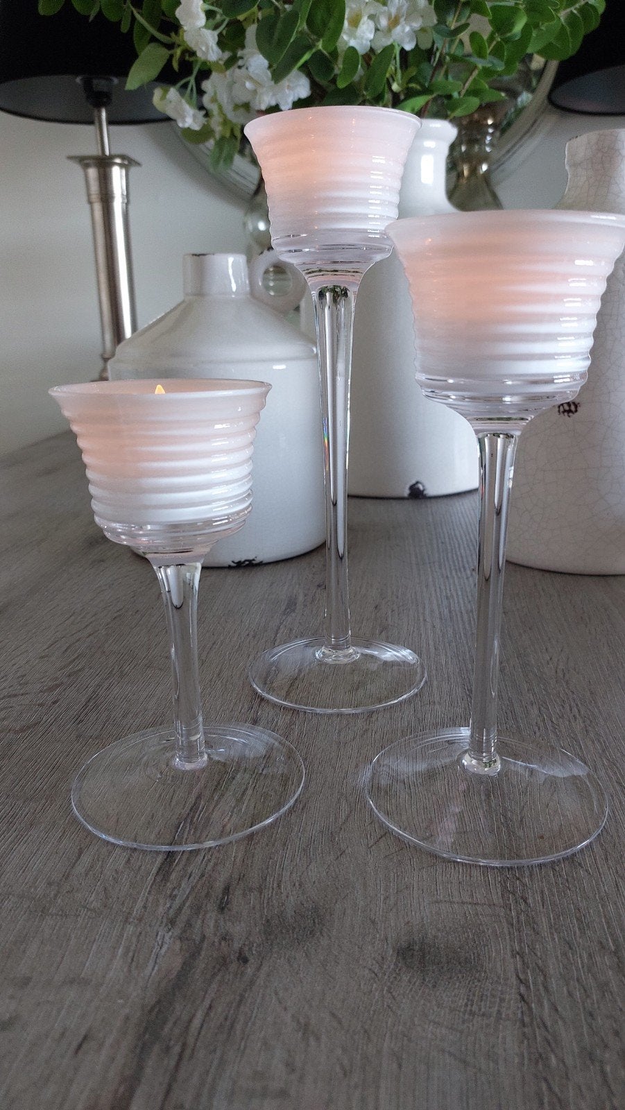 Set van 3 glazen waxinelichthouders, Ophalen, Wit, Waxinelichthouder, Glas