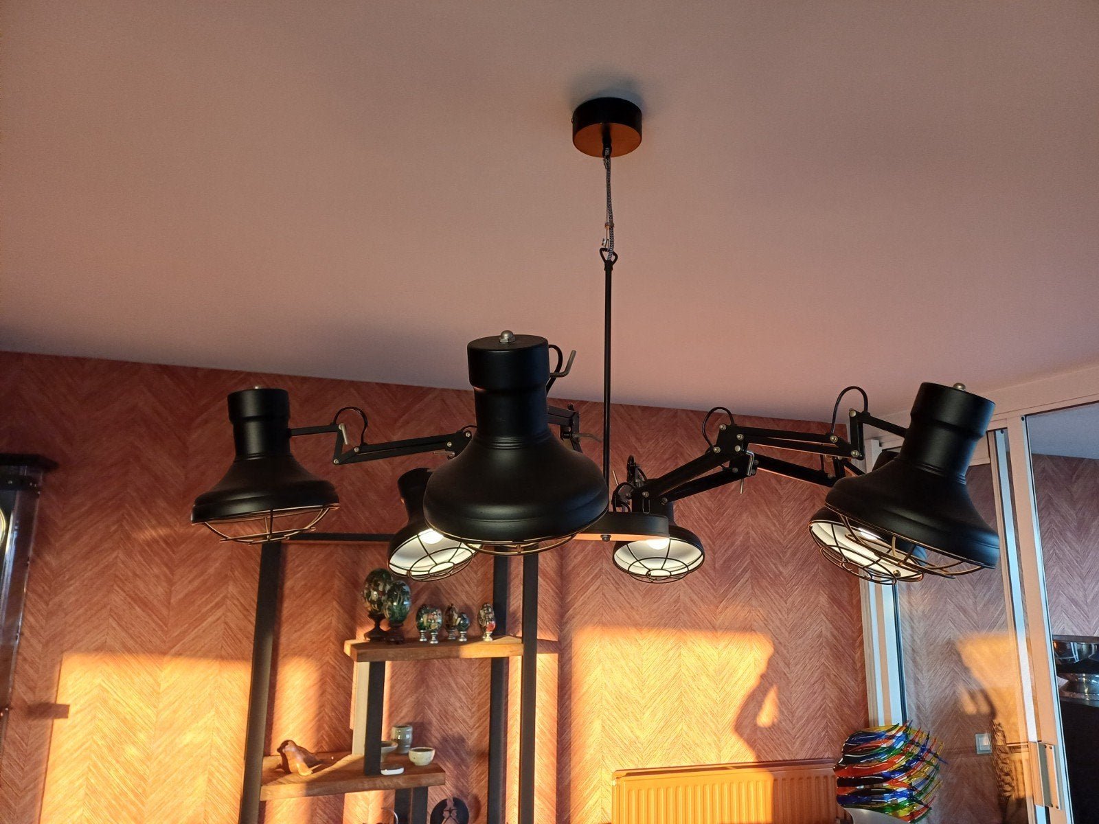 Industriële hanglamp met 6 verstelbare spots, zwart metaal, Ophalen, E27 (groot), Zo goed als nieuw, Metaal