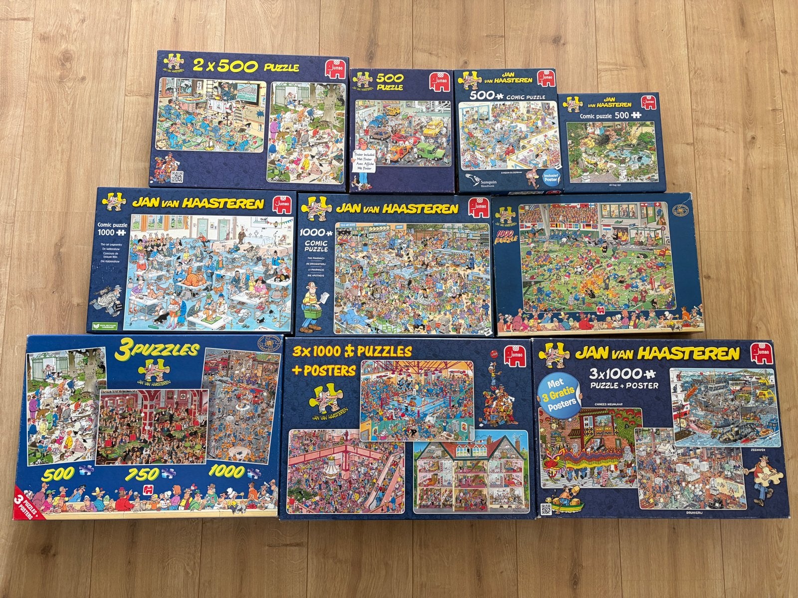 Grote collectie Jan van Haasteren puzzels (10 stuks), Ophalen, 500 t/m 1500 stukjes, Gebruikt