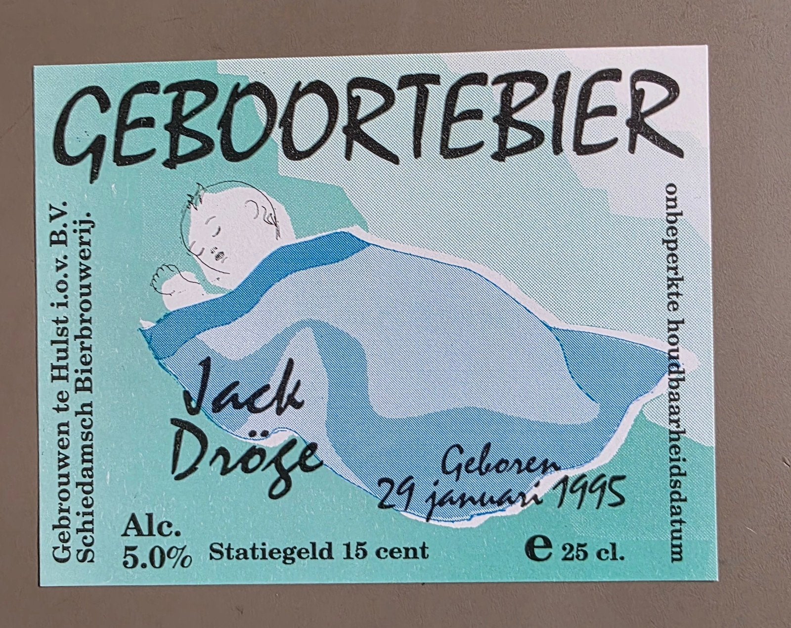 100) BIERETIKET HULST GEBOORTE BIER JACK DRÖGE 1995, Verzamelen, Biermerken, Verzenden, Zo goed als nieuw, Overige typen, Overige merken