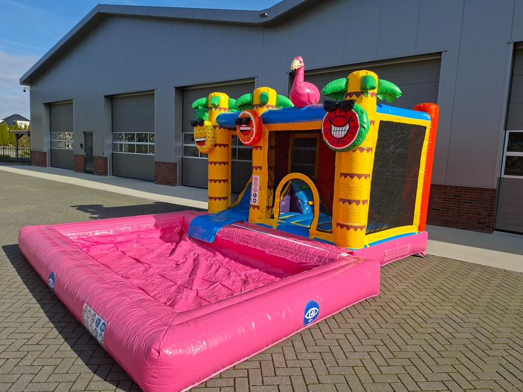 Springkussen huren met zwembad | Flamingo springkussen, Verzenden, Zo goed als nieuw, Overige