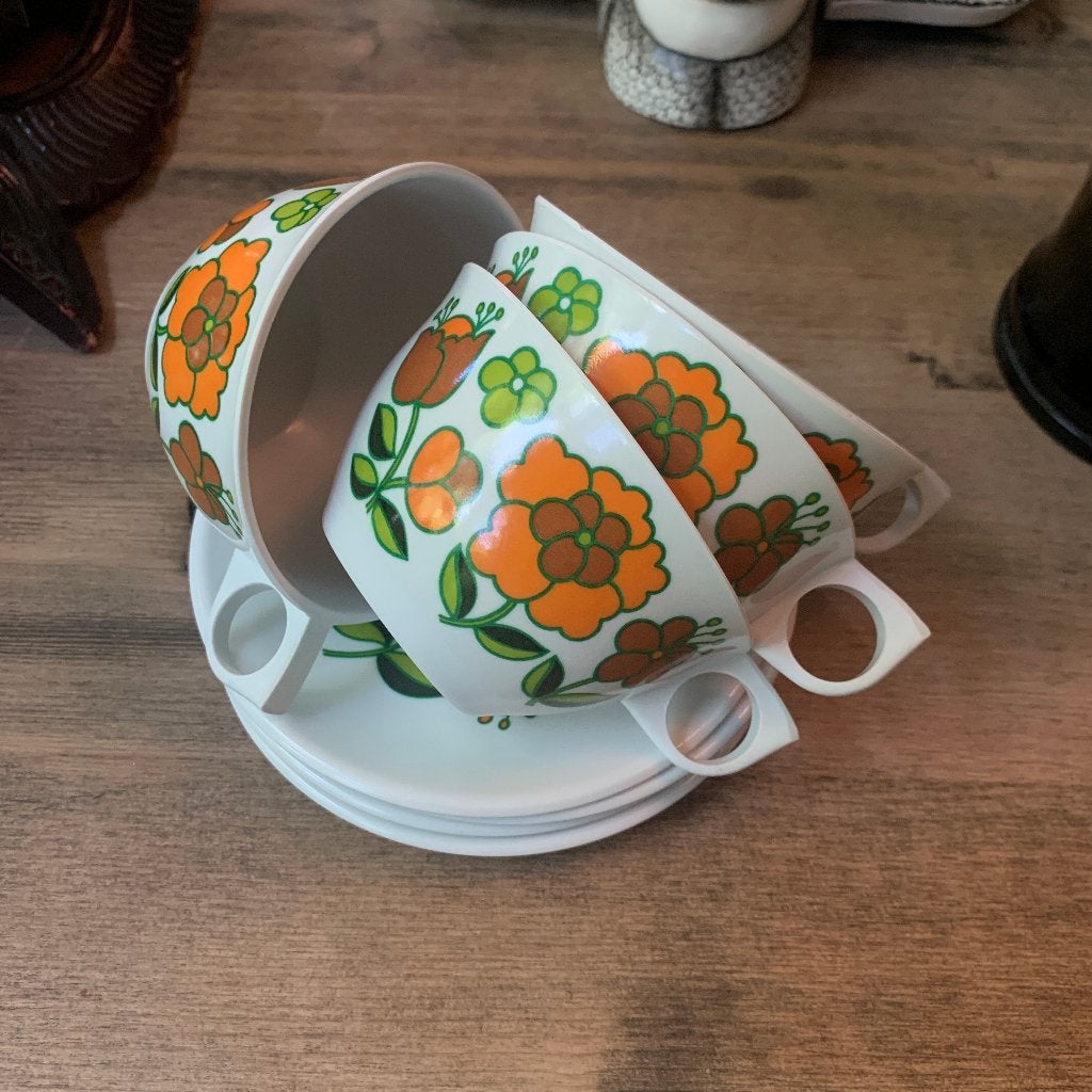 4 Vintage TEFAL melamine theekopjes met schotels 70s bloemen, Kunststof, Gebruikt, Overige merken, Vintage