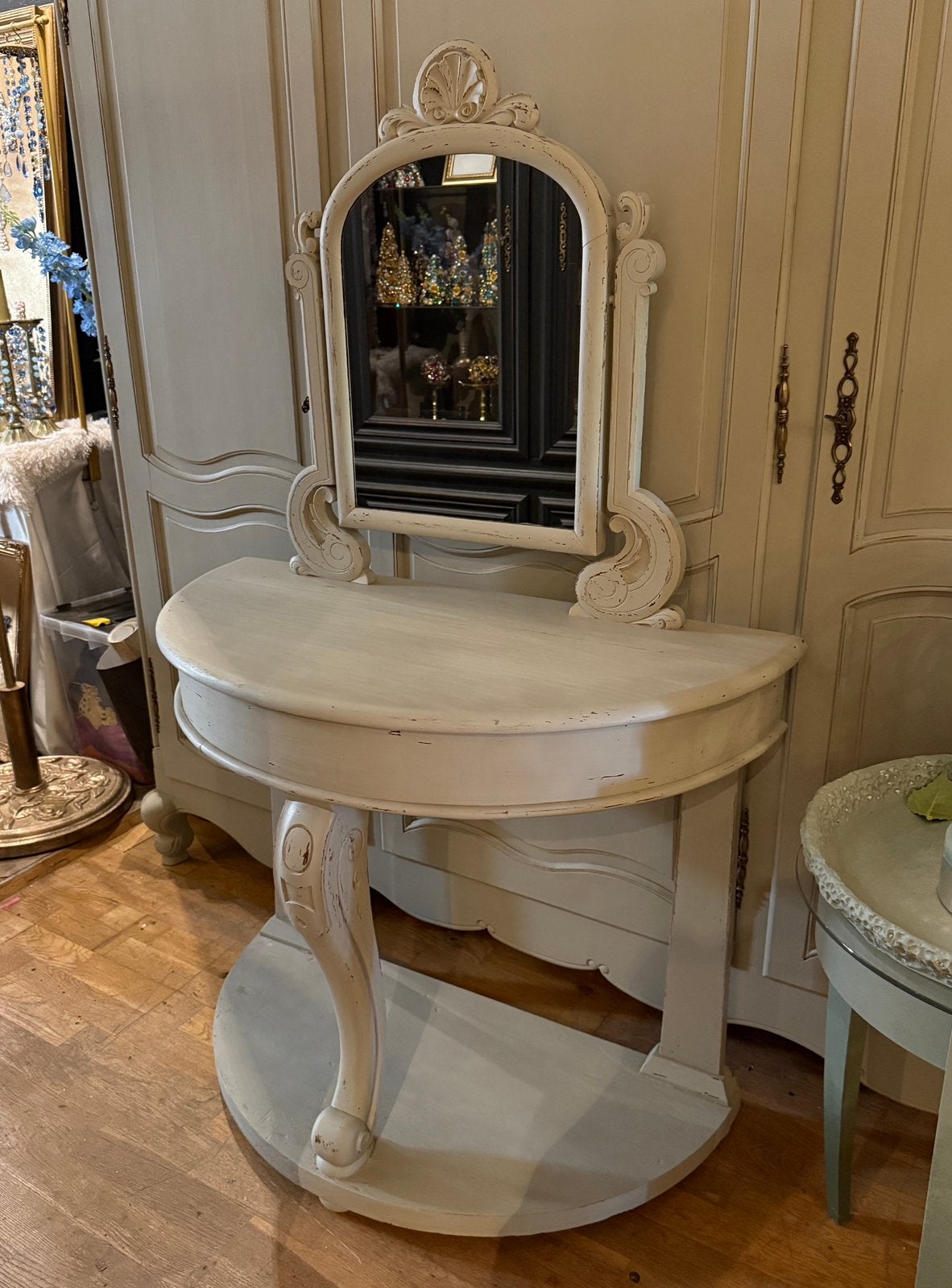 Brocante kaptafel, antiek make-up tafeltje toilettafel VdlM, Ophalen, 100 tot 150 cm, Vintage landelijk taupe oude dames tafel met spiegel