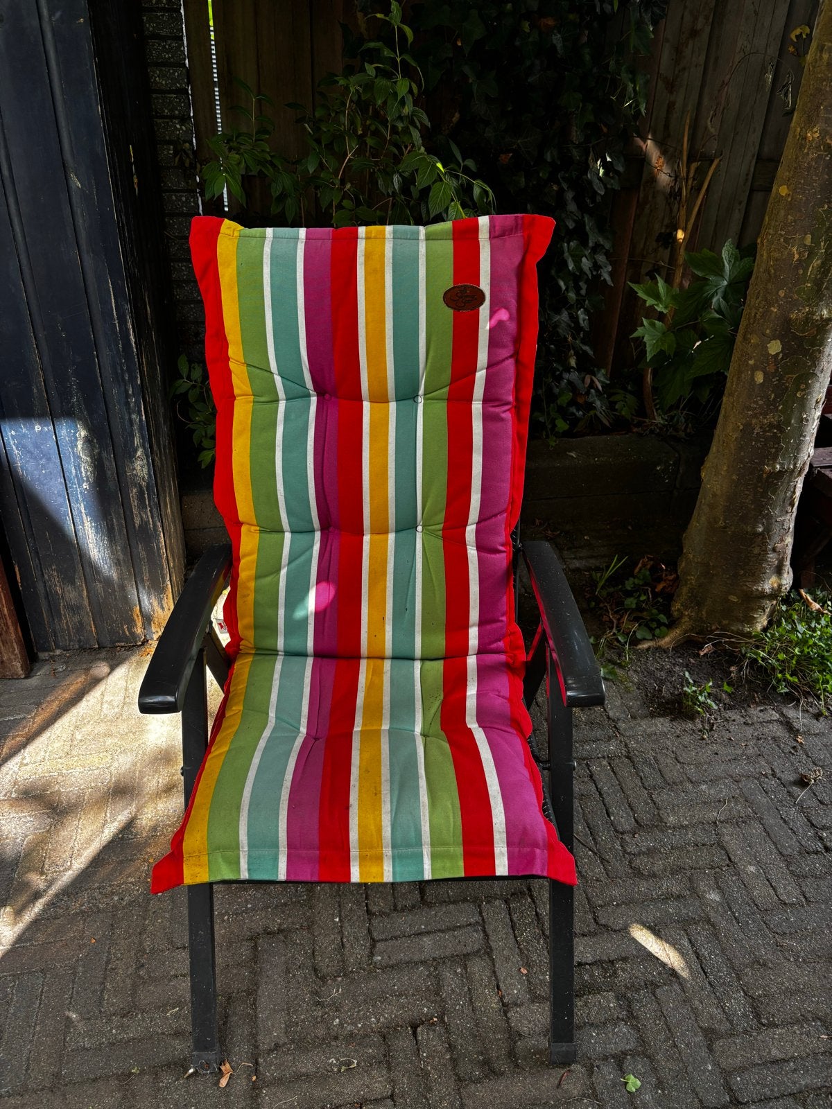 4 tuinstoel kussens regenboog veelkleurig strepen, Ophalen, Gebruikt