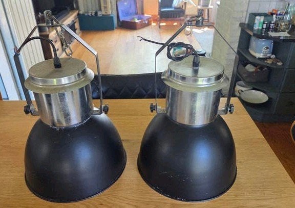 Set van 2 vintage industriële lampen, zwart/wit, 20cm, Huis en Inrichting, Lampen | Hanglampen, Zo goed als nieuw, E27 (groot)