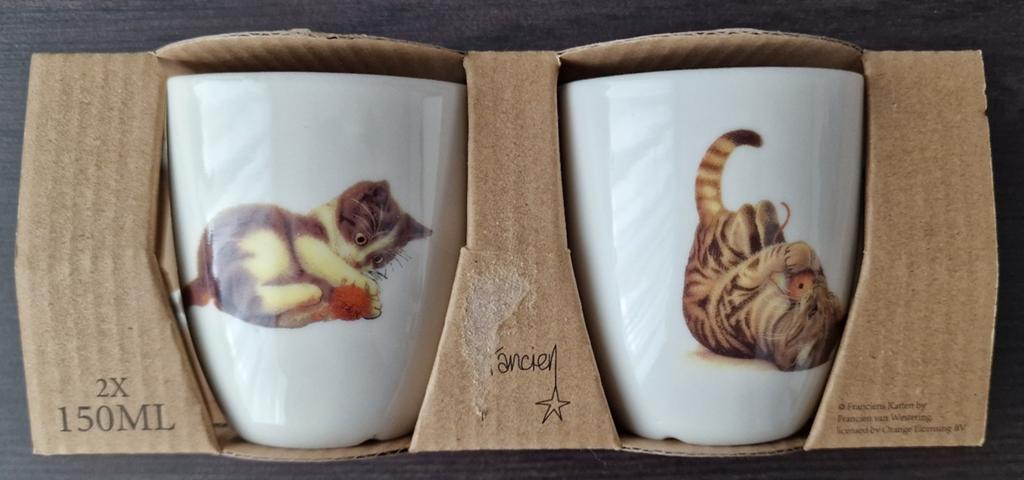 Francien katten & poezen mokken setje 01, Keramiek, Ophalen of Verzenden, Zo goed als nieuw, Overige stijlen