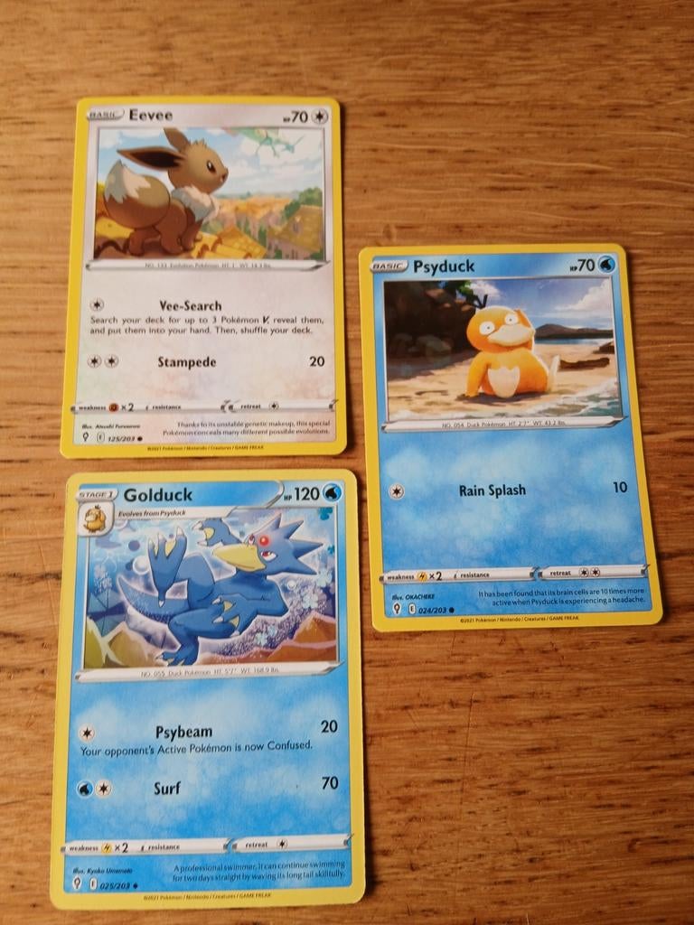 Pokémon Kaarten: Eevee, Psyduck, Golduck Set, Hobby en Vrije tijd, Verzamelkaartspellen | Pokémon, Ophalen of Verzenden, Gebruikt