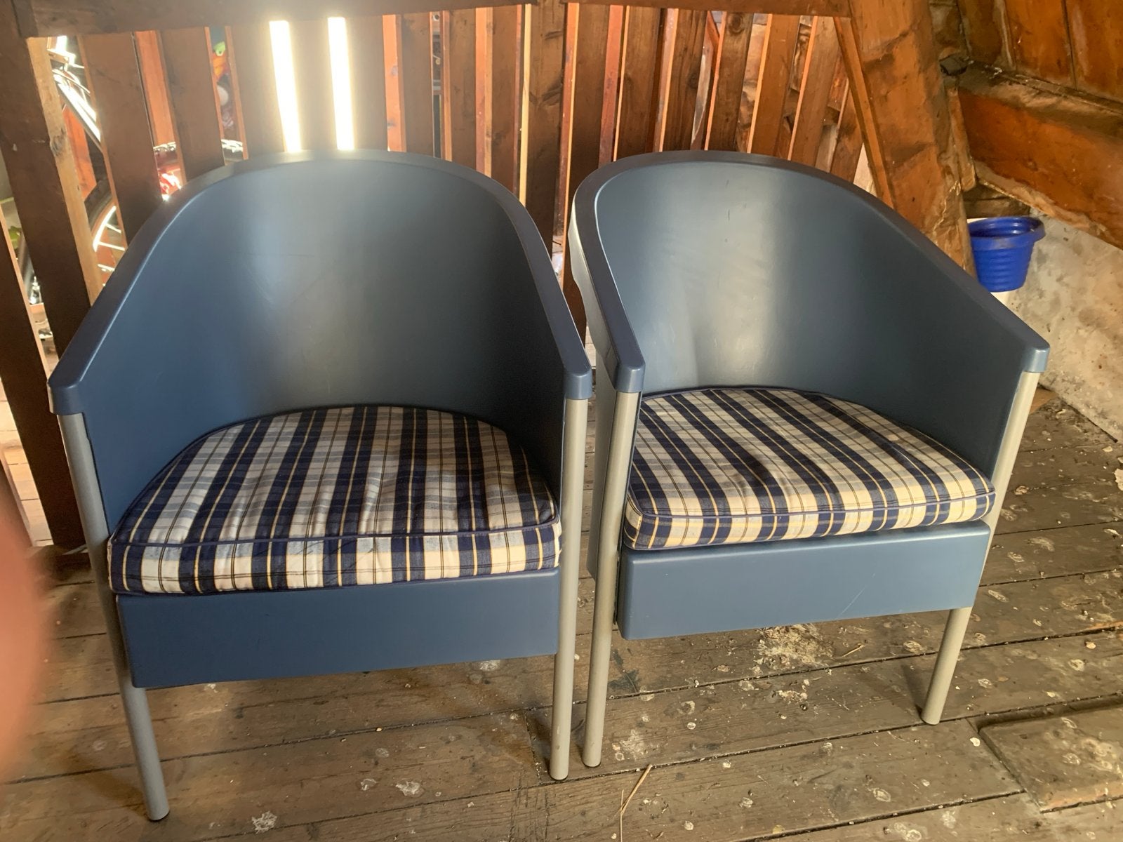Set van 2 blauwe kuipstoelen met kussens, Ophalen, Kunststof, Gebruikt, Twee