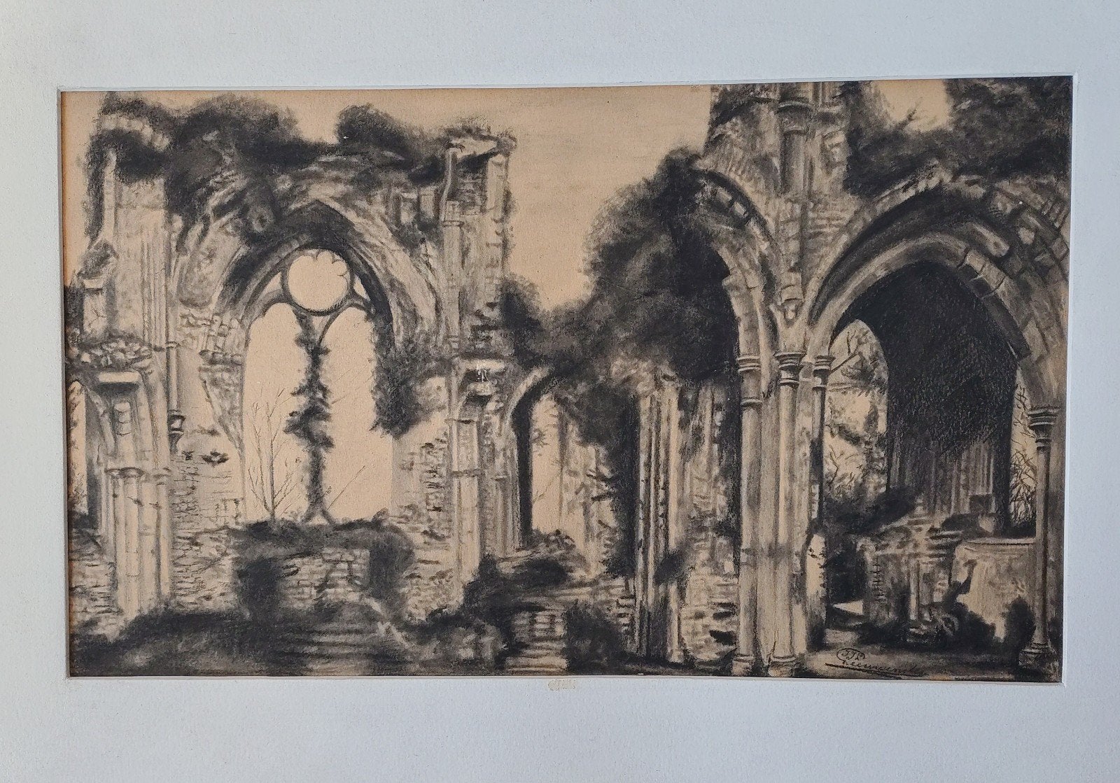 "De ruïnes van Netley Abbey, houtskooltekening van I.J.L. Le, Ophalen of Verzenden, Tekening, Houtskooltekening, Origineel