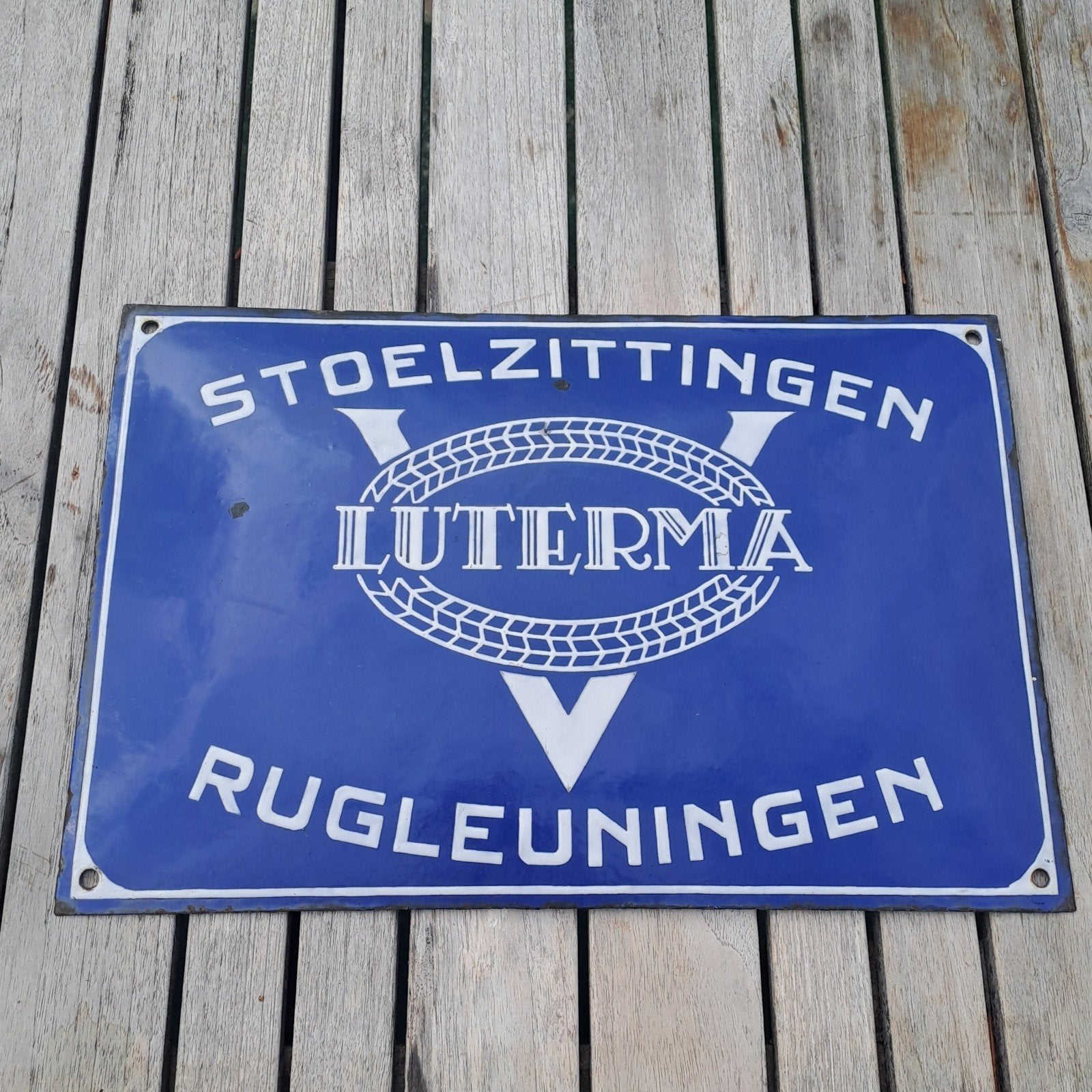 Emaille reclamebord Luterma meubelmaker jaren 20, Ophalen of Verzenden, Gebruikt, Reclamebord