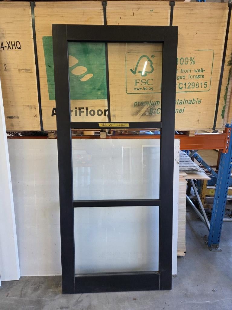 Zwarte stompe deur met roedes incl. glas en slotsparing, Ophalen, 80 tot 100 cm, Binnendeur, Nieuw