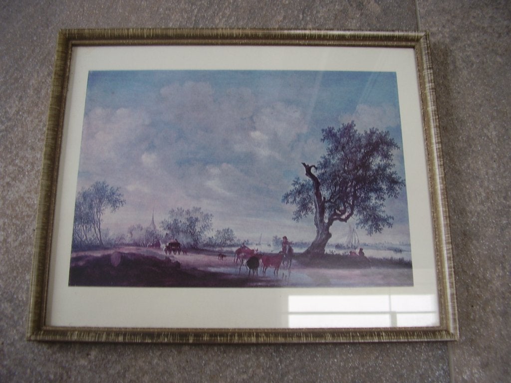Schilderijtje rivier met schepen en dorpje, Ophalen of Verzenden, Minder dan 50 cm, Schilderij