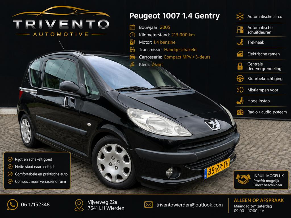Peugeot 1007 1.4 AUT.  AIRCO, HOGE INSTAP/ TREKHAAK, 1360 cc, 4 cilinders, Met garantie (alle), 4 stoelen