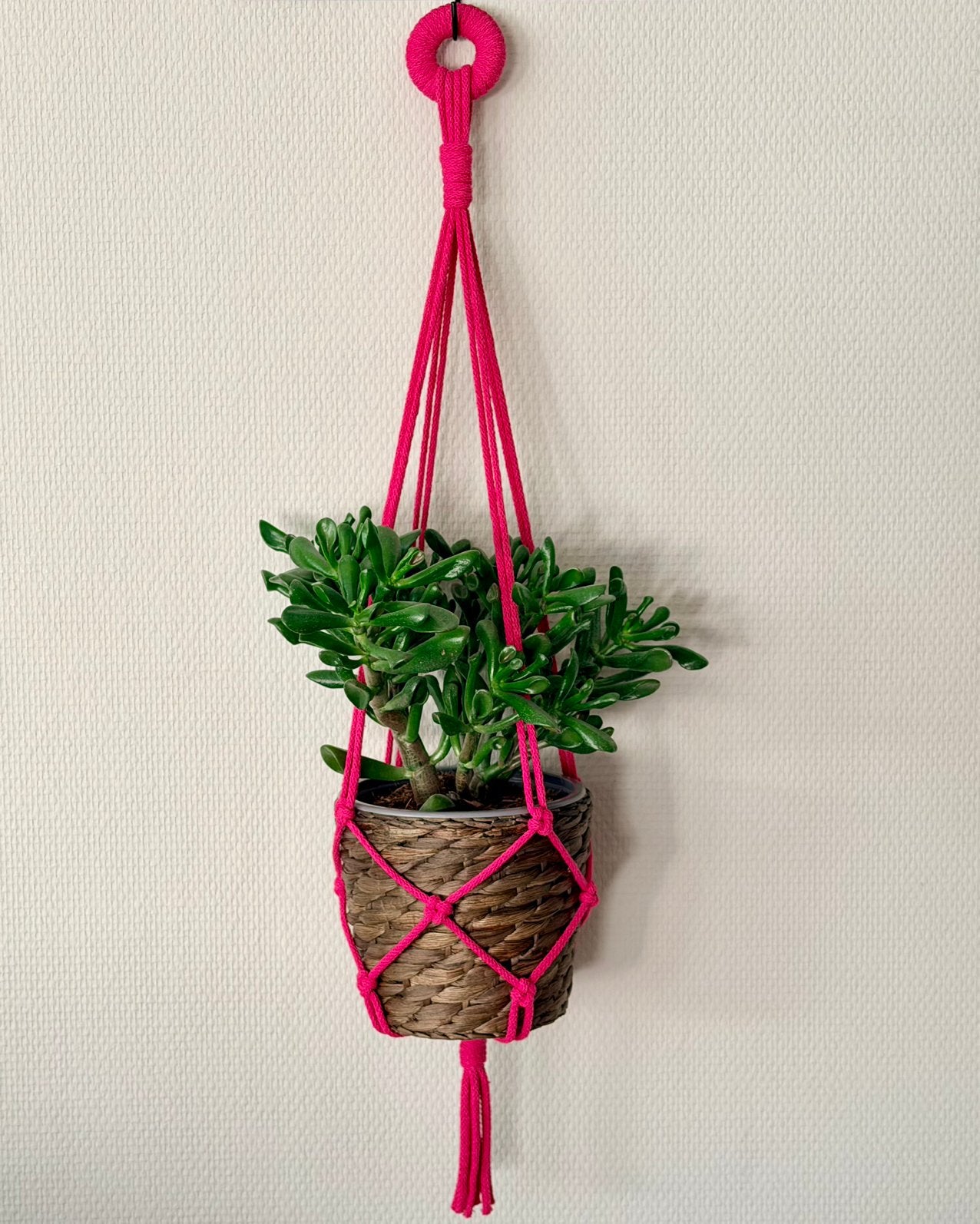 Felroze plantenhanger - handgemaakt/macramé - 73 cm, Nieuw, Roze, Ophalen of Verzenden, Modern