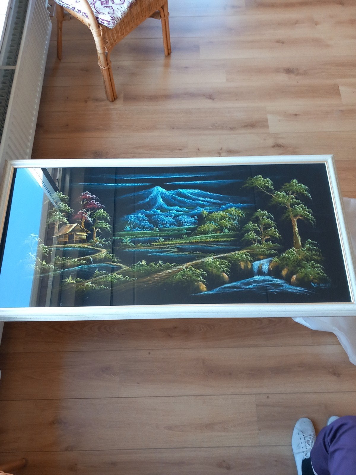 Aziatisch landschap schilderij op fluweel, Ophalen, Overige stijlen, Ingelijst, Overige ondergronden