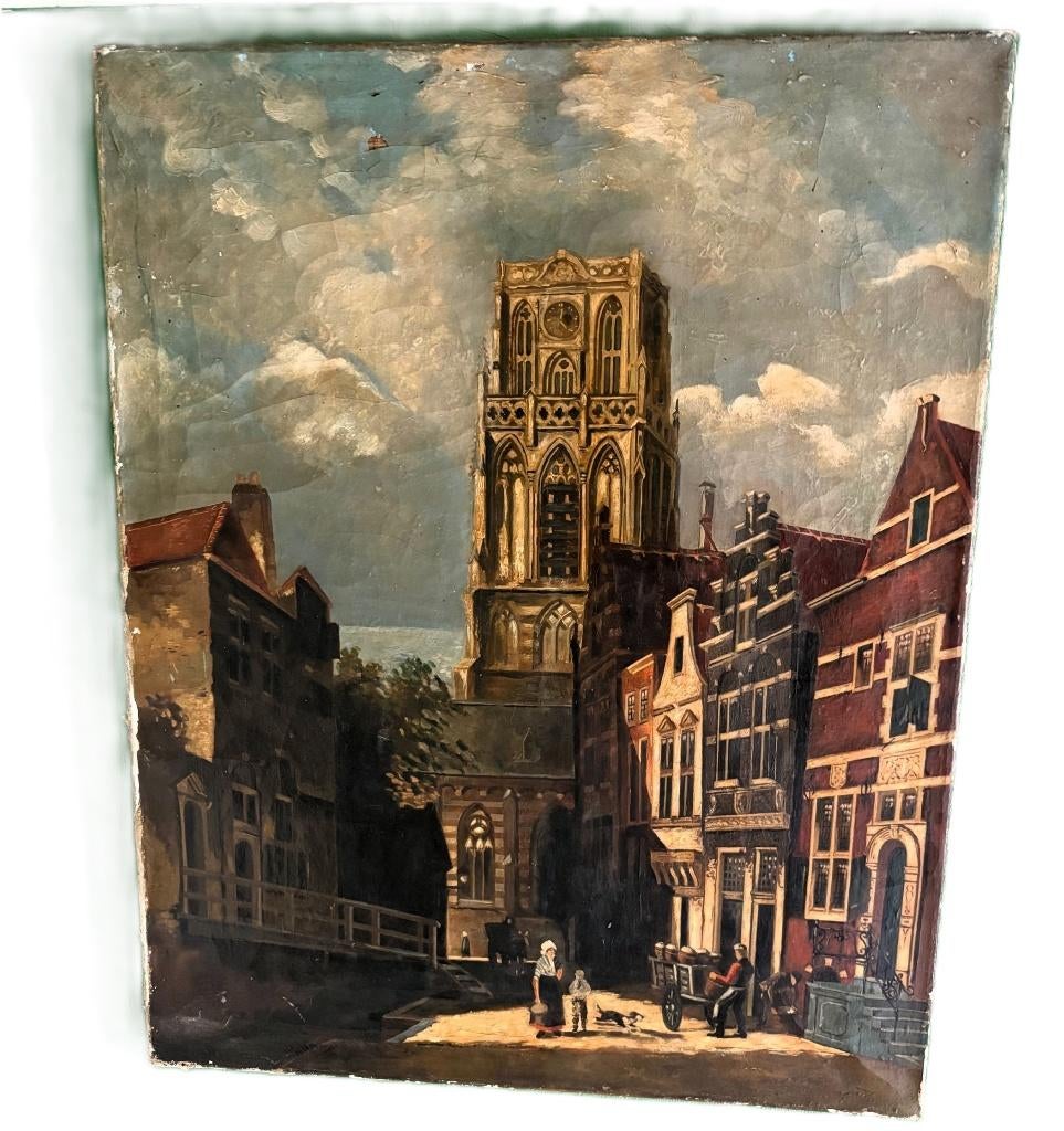 Groot Antiek schilderij Sint Laurenskerk Rotterdam, Antiek en Kunst, Ophalen of Verzenden