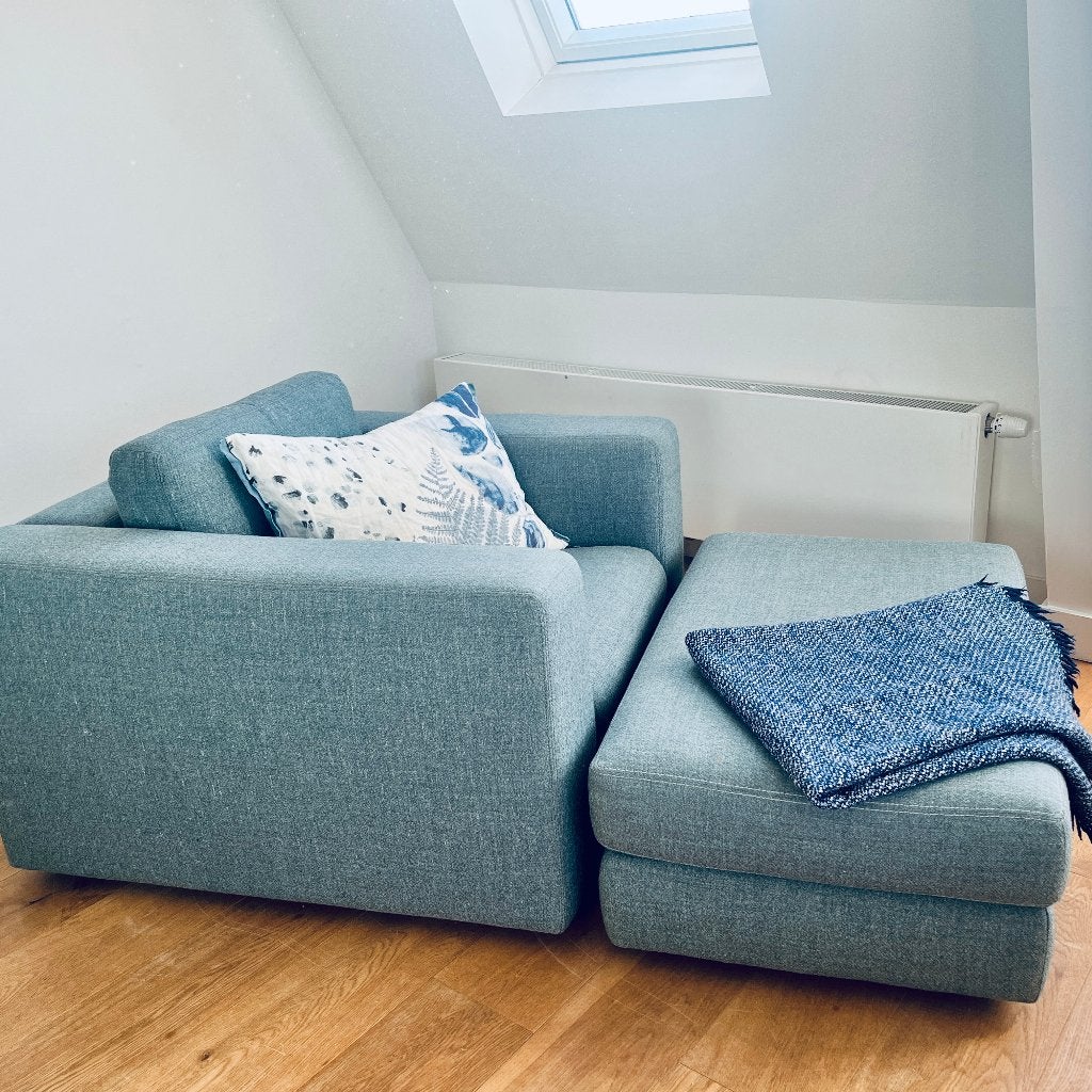 Reid fauteuil + hocker (DWR) – luxe moderne designset, Ophalen, Eenpersoons, Hout, 75 tot 100 cm