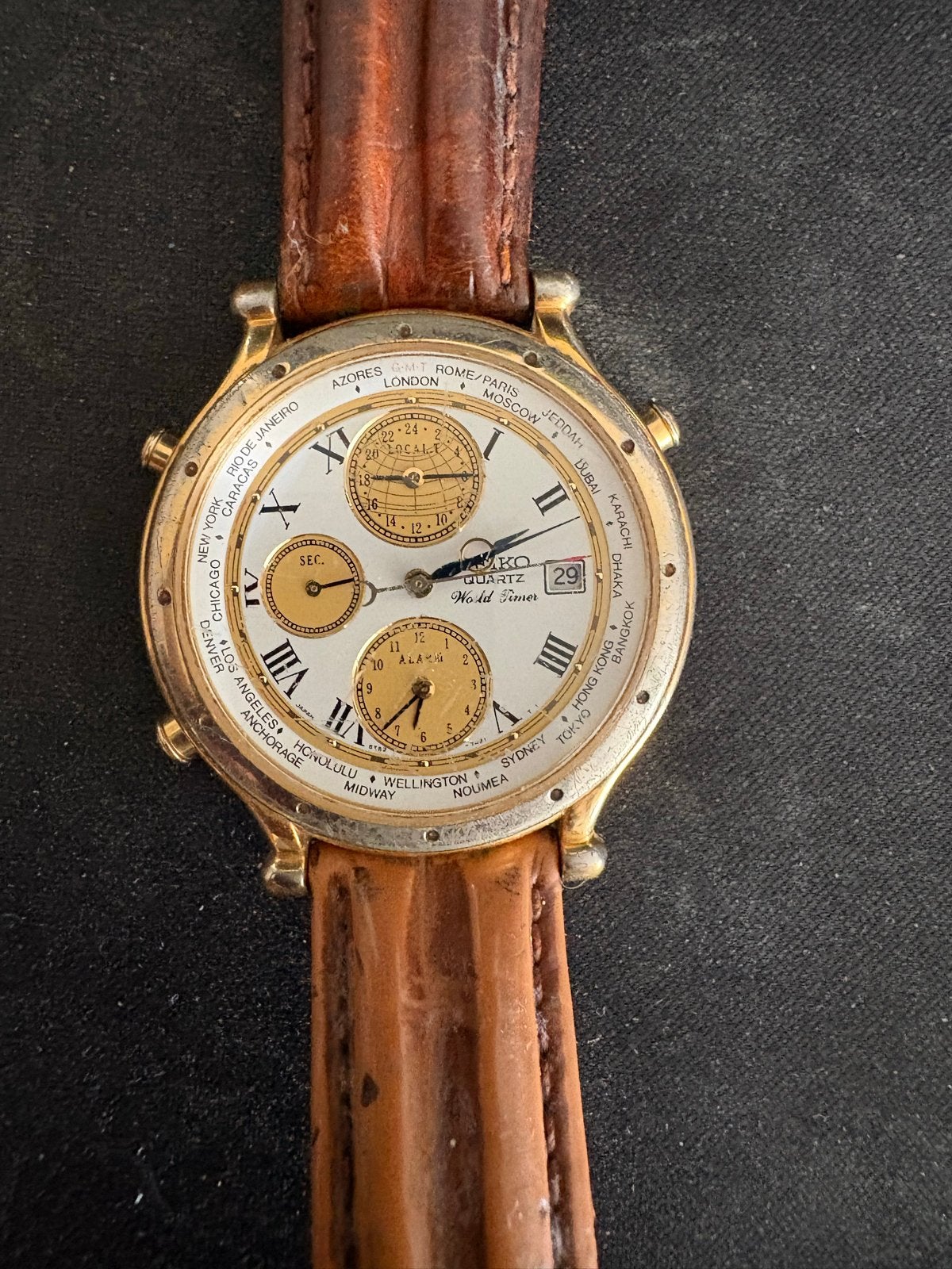 Seiko Quartz World Timer Herenhorloge 5T52 7A21, Ophalen, Seiko, Polshorloge, Goud