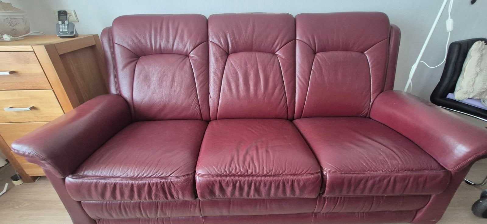 Leder bank 3 zits, Ophalen, Gebruikt, 75 tot 100 cm, 200 tot 250 cm