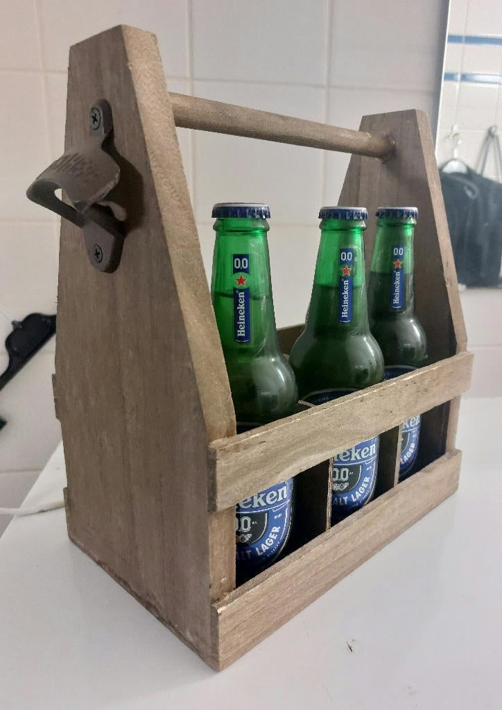 Flessendrager  6 flessen bierdrager met flesopener, Ophalen of Verzenden, Zo goed als nieuw, Hout, Bruin