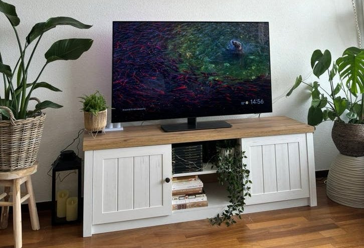 TV-meubel MARKSKEL 2 deuren wit/wild naturel eiken kleur, Ophalen, 150 tot 200 cm, Zo goed als nieuw, Minder dan 100 cm