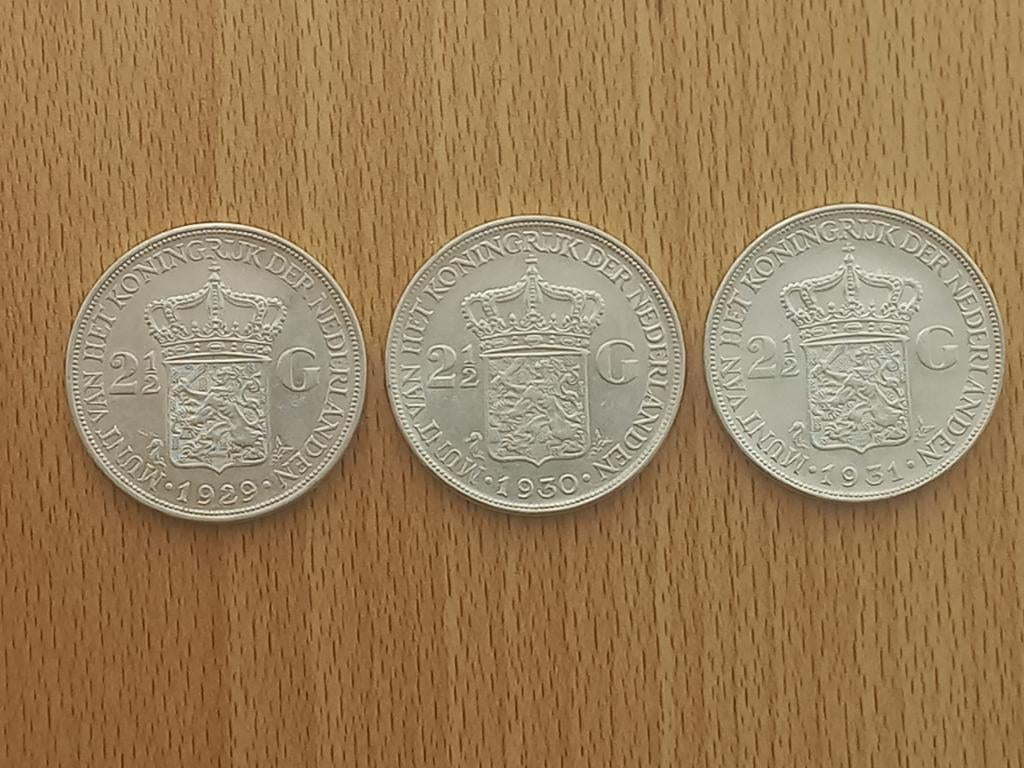 Nederland rijksdaalder 1929, 30 en 31, Postzegels en Munten, Munten | Nederland, Ophalen of Verzenden, Koningin Wilhelmina, 2½ gulden