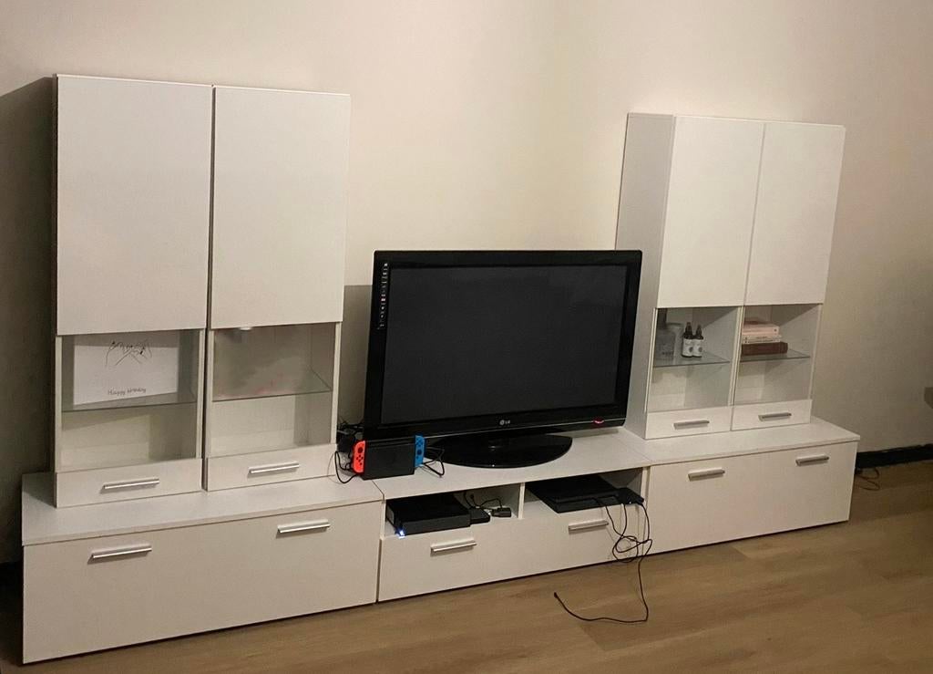 Witte TV-meubel met hangkasten en LED-verlichting, Ophalen, Gebruikt, 50 tot 100 cm, Minder dan 100 cm