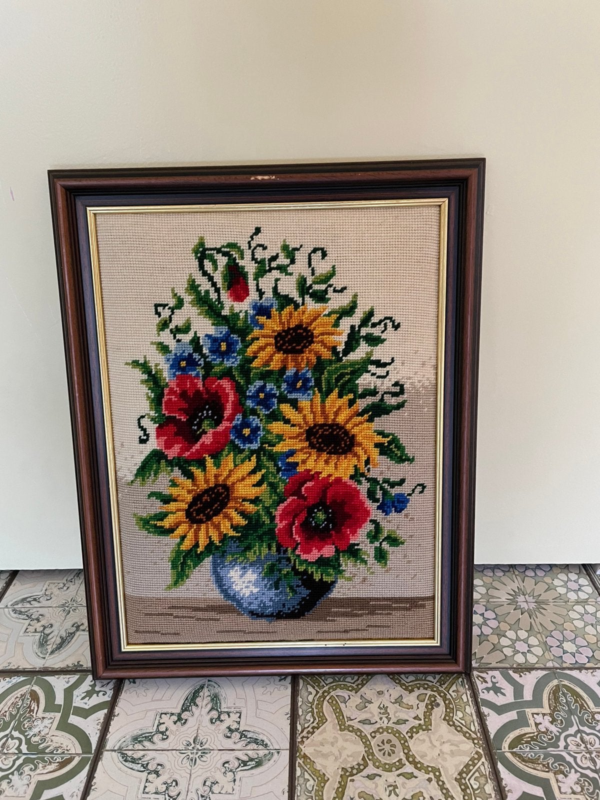 Mooi geborduurd bloemenschilderij, Ophalen of Verzenden, Zo goed als nieuw, Minder dan 50 cm, Schilderij