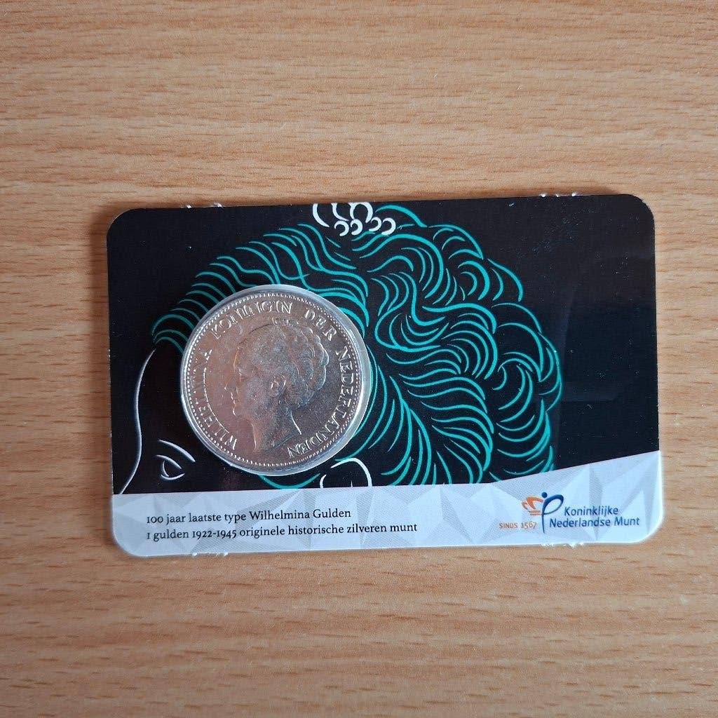 100 jaar laatste type Wilhelmina gulden in coincard 1929, Ophalen of Verzenden, Koningin Wilhelmina, 1 gulden, Zilver