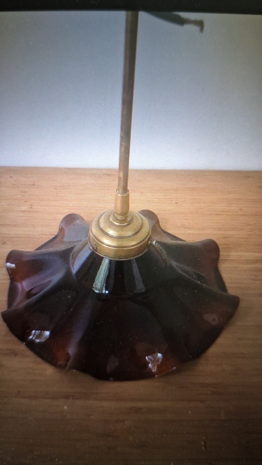 Vintage Franse hanglamp - gegolfd bruin email met koper, Ophalen