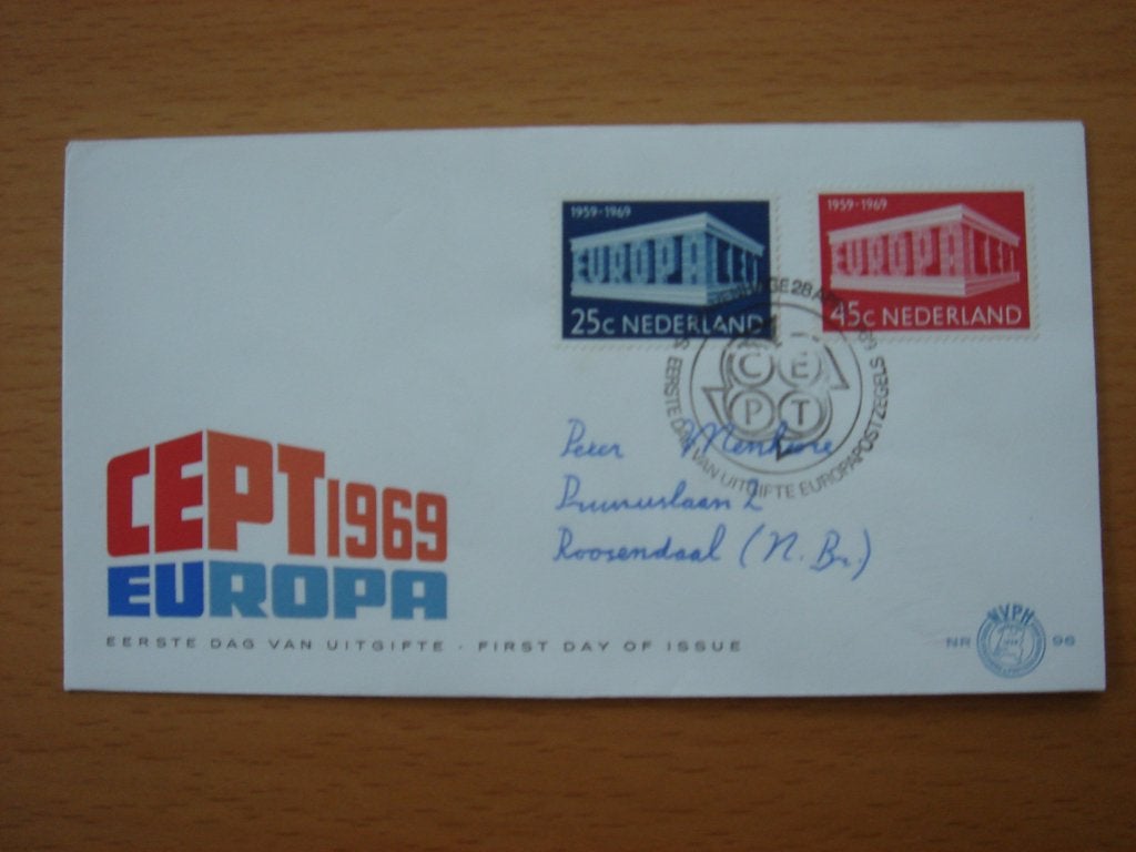 NVPH E96 1e Dag-enveloppe Europa 1969 – Gebouw , Ophalen of Verzenden, Beschreven, Nederland