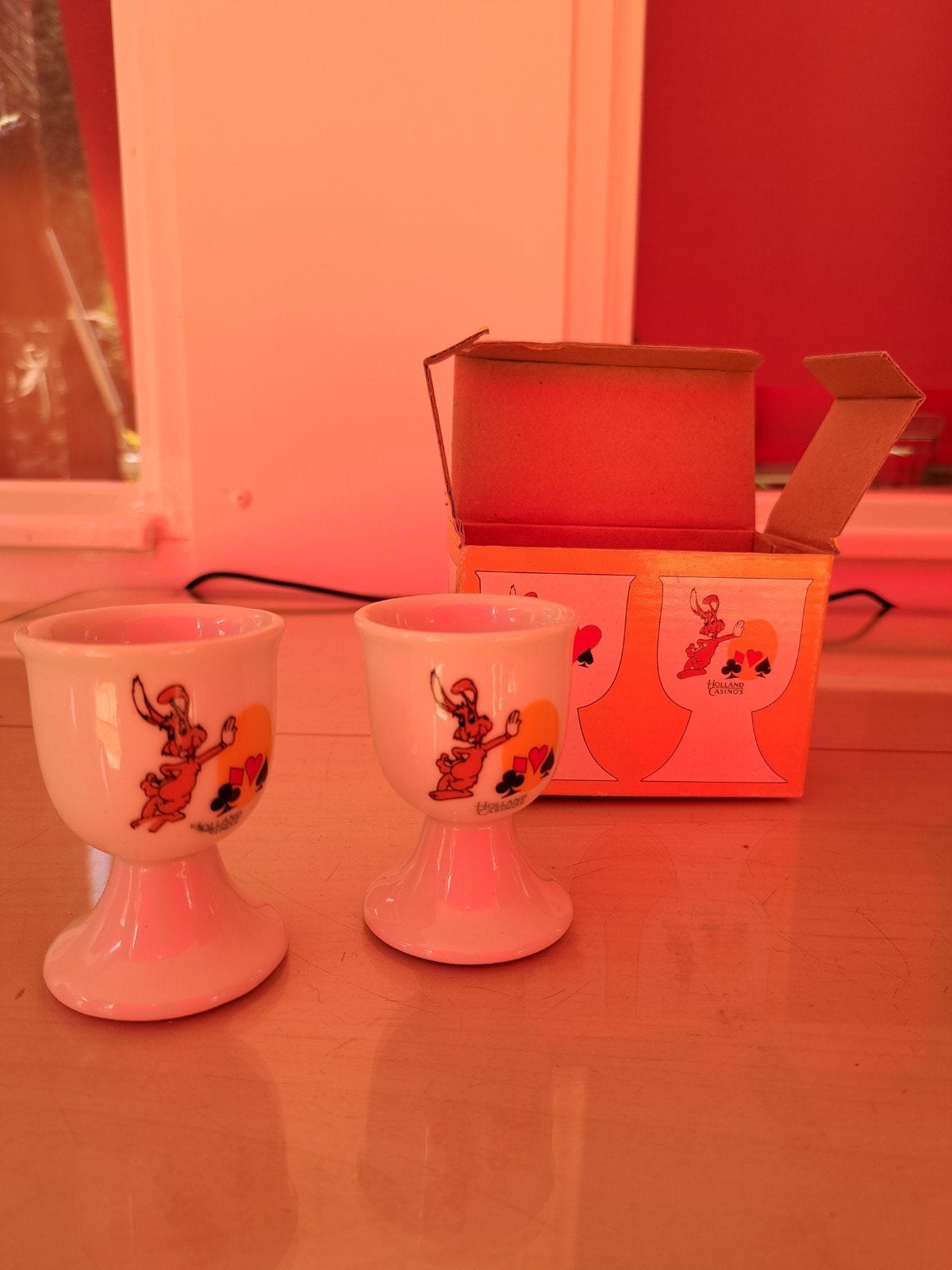 Vintage eierdopjes met konijnen (Holland Casino), set van 2, Gebruikt, Keramiek, Overige typen, Vintage