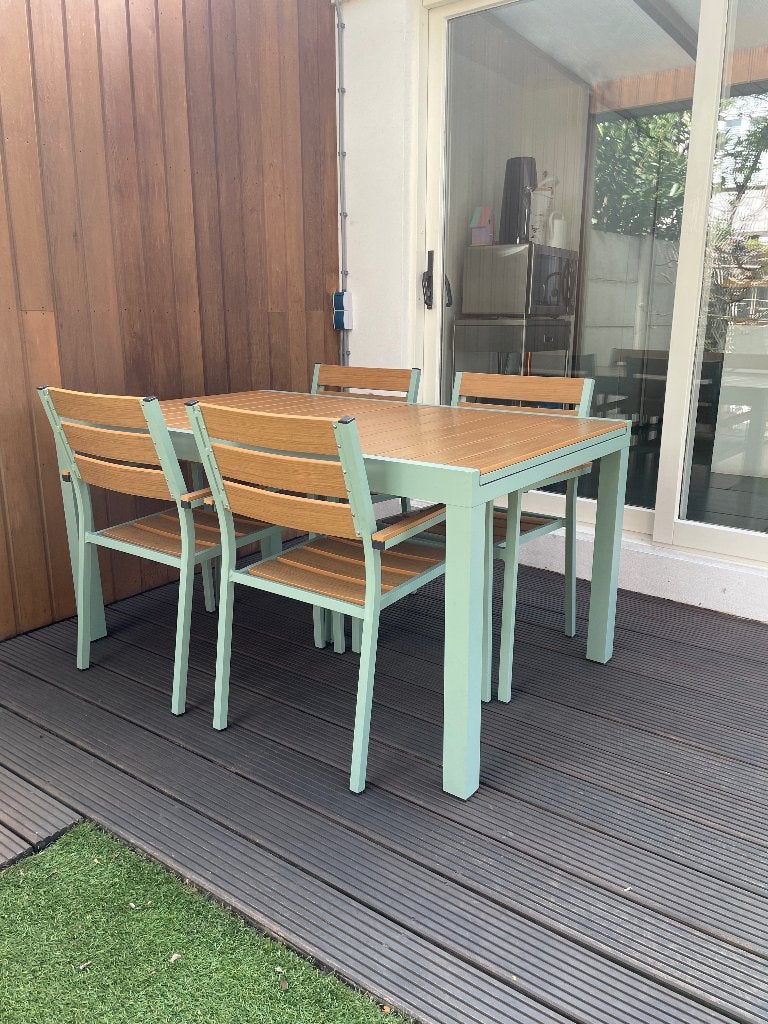 Sklum tuinset uitschuifbare tuintafel met 4 stoelen Saura, Tuin en Terras, Tuintafels, Ophalen, Gebruikt, Rechthoekig, Kunststof