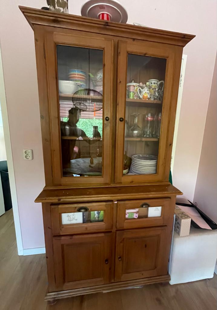Houten vitrinekast / buffetkast, Huis en Inrichting, Kasten | Buffetkasten, Ophalen, Gebruikt, 50 tot 100 cm, Met lade(s)