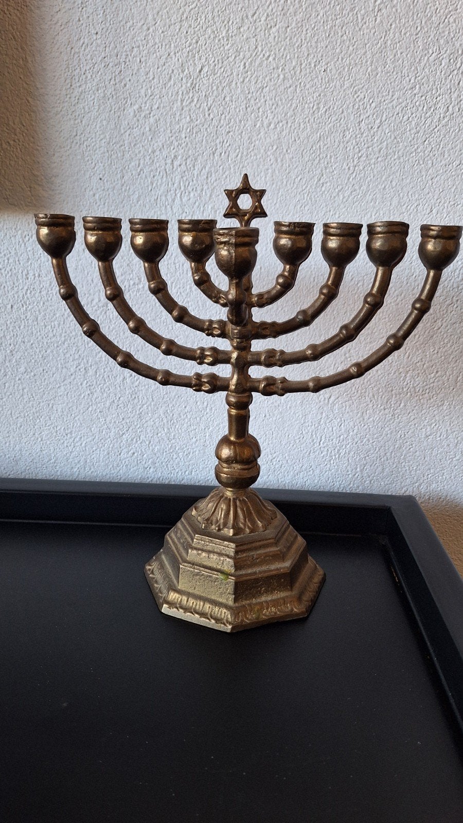 Antieke messing Chanoekia Menora kandelaar (9-armig 25 cm), Ophalen of Verzenden, Overige materialen