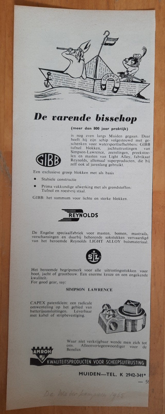 Sinterklaas - Scheepsuitrusting - Advertentie (1955), Ophalen of Verzenden, 1940 tot 1960, Knipsel(s)
