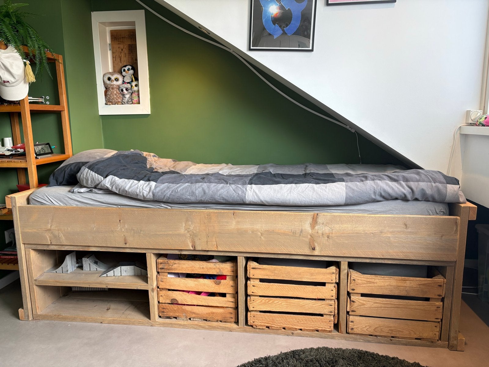 Steigerhouten bed (Jorg) 90x200 met lattenbodem en kistjes, Ophalen, 90 cm, Eenpersoons, Steigerhout